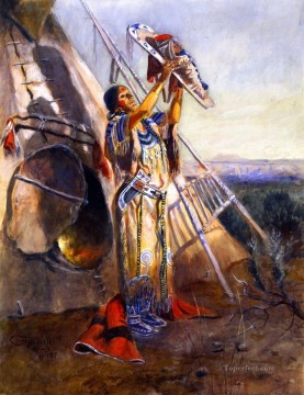 Amerikanischer Indianer Werke - Sonnenanbetung in Montana 1907 Charles Marion Russell Indianer